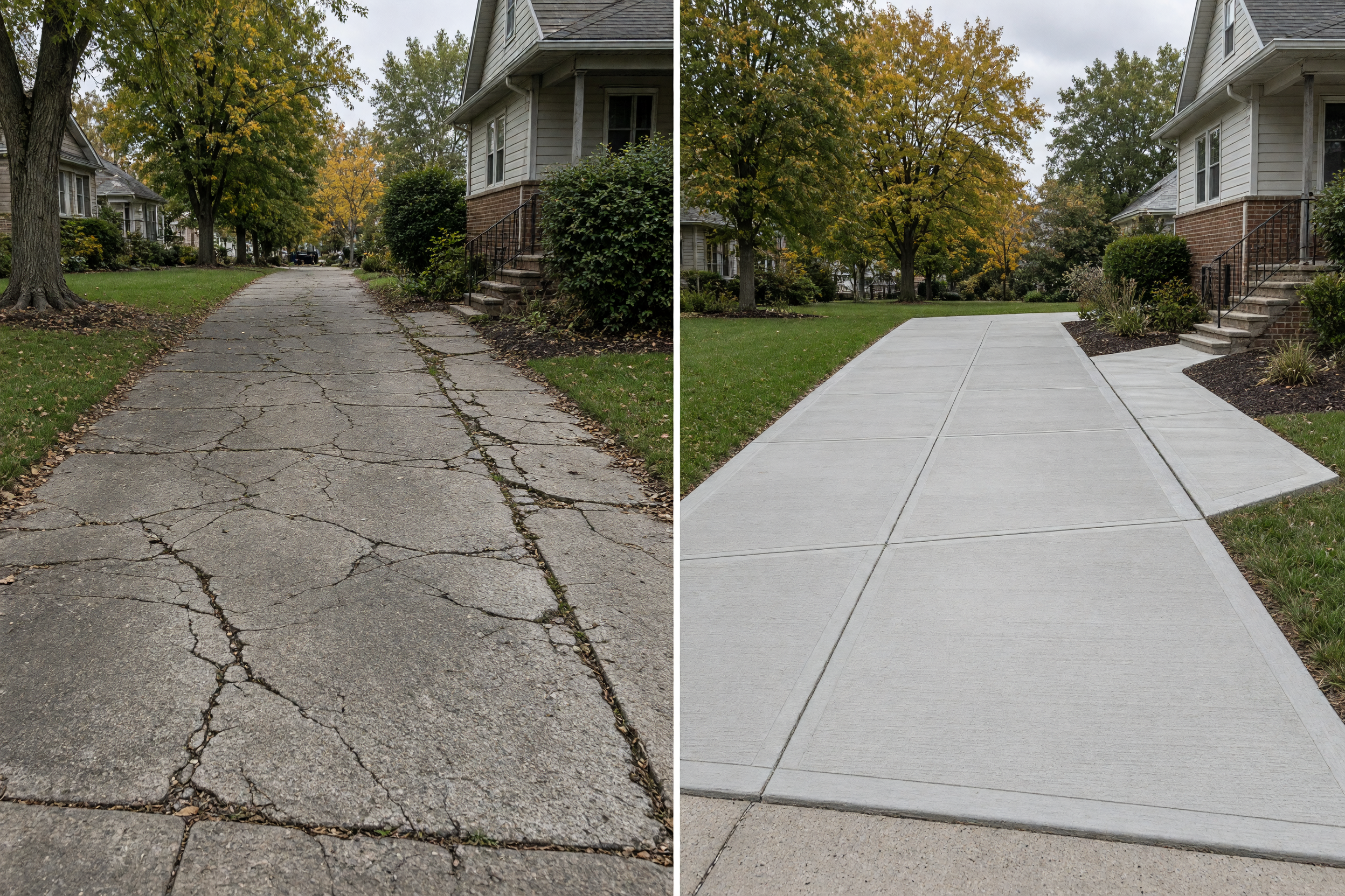 Concept comparison of a cracked older driveway on the left and a clean new concrete driveway on the right