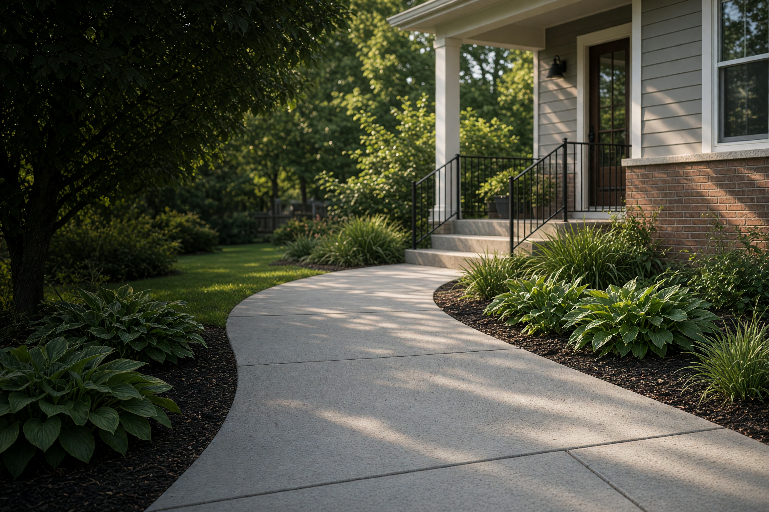 Concrete walkway providing a stable path beside a Des Moines lawn